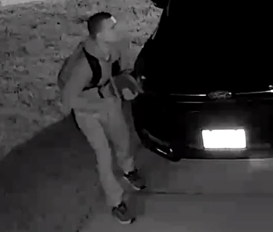 Black and white screenshot of male burglar in hoodie and backpack 